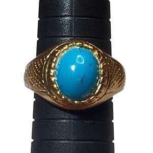 Gold Tone Ring Sz 9.5 Unsigned Light Blue Cabochon